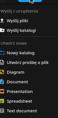 Menu Nowy z opcjami Document, Presentation, Spreadsheet i Text document
