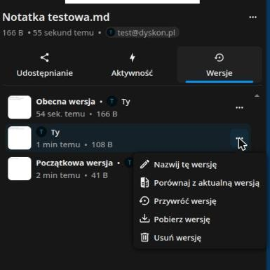 Lista wersji pliku z dostępnymi akcjami