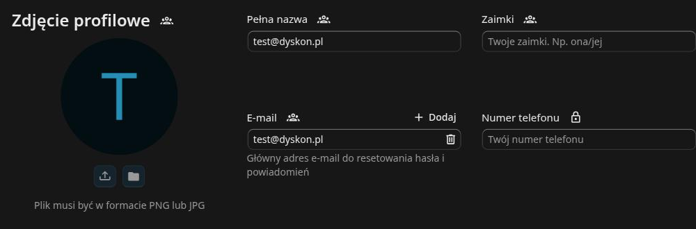 Formularz danych osobistych ze zdjęciem profilowym, pełną nazwą i adresem e-mail