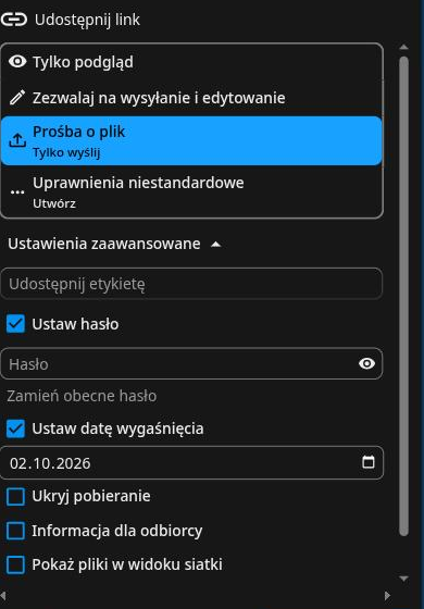Panel dostosowywania linku prośby o plik z hasłem i datą wygaśnięcia