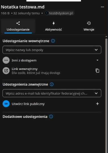 Panel udostępniania po prawej stronie okna