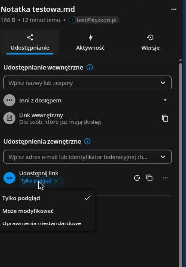 Wybór poziomu uprawnień linku