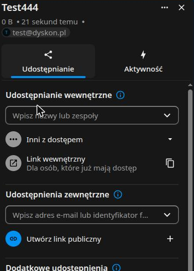 Panel udostępniania po prawej stronie okna