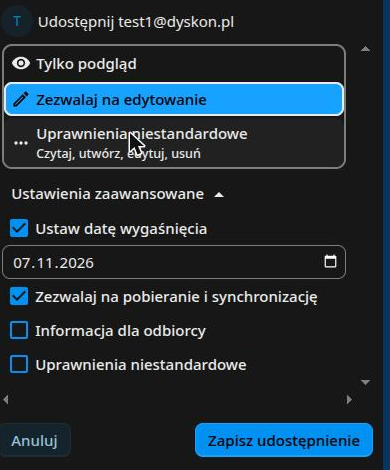 Panel uprawnień z opcją Zezwalaj na edytowanie