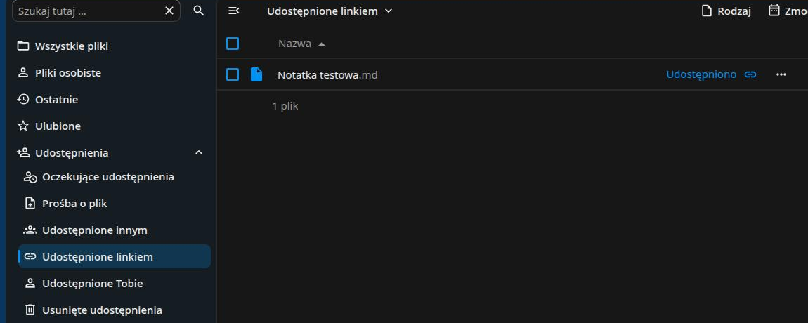 Lewe menu z rozwiniętą sekcją Udostępnienia i widokiem Udostępnione linkiem