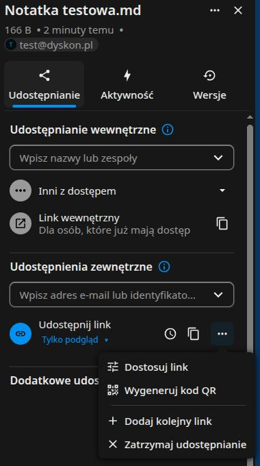 Menu przy linku z opcją Zatrzymaj udostępnianie