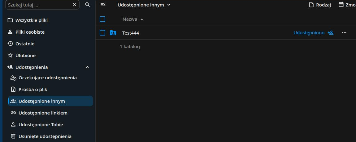 Widok Udostępnione innym z listą udostępnionych folderów
