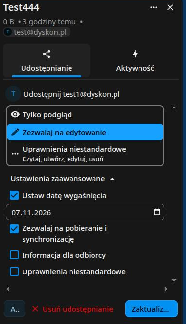 Rozwinięty panel uprawnień z czerwonym przyciskiem Usuń udostępnianie