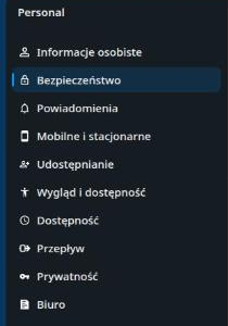 Menu ustawień z zaznaczoną sekcją Bezpieczeństwo