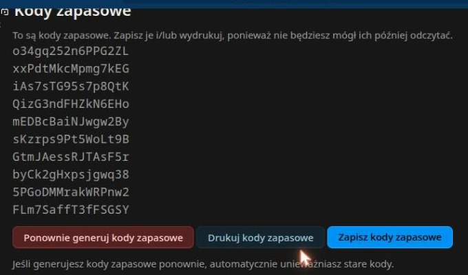 Lista wygenerowanych kodów zapasowych z przyciskami zapisu